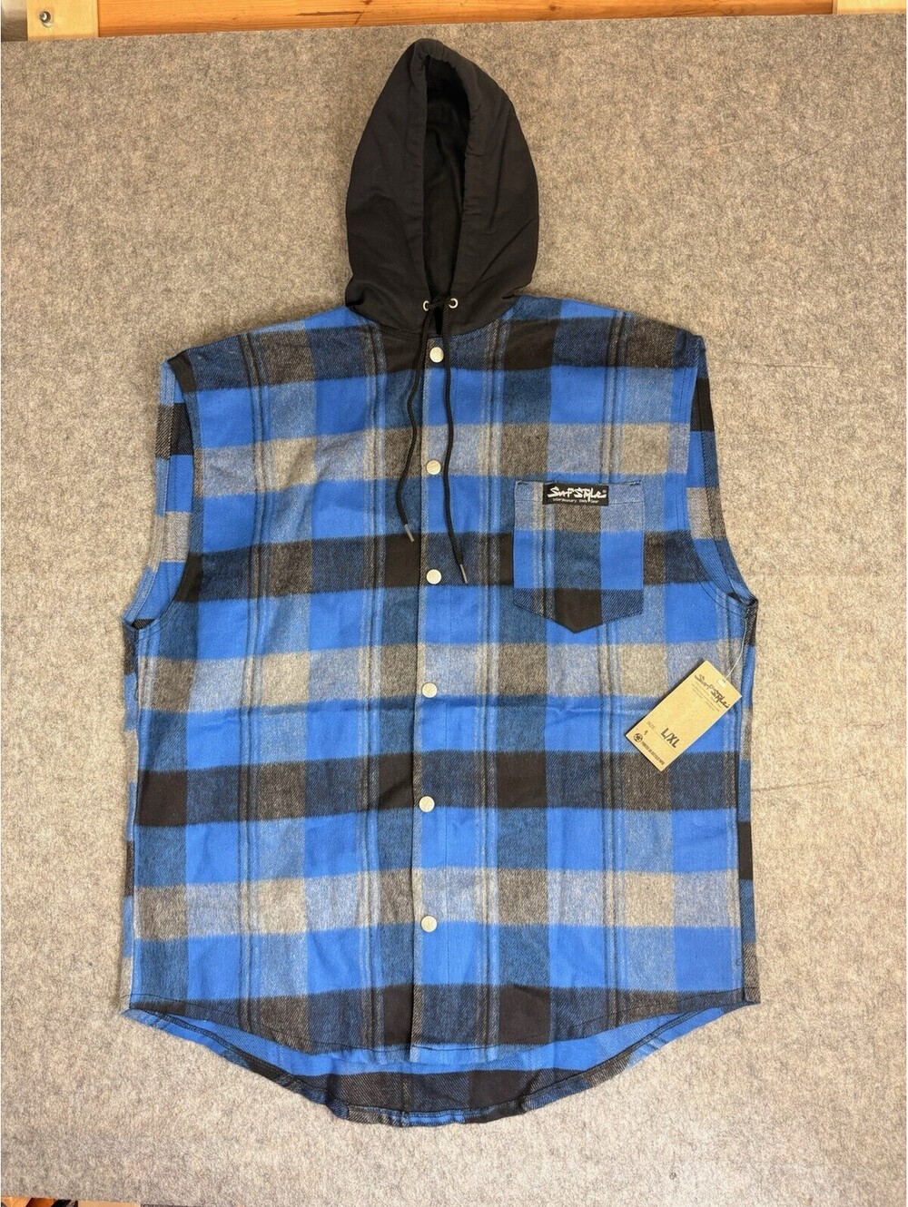 Vintage Surf Style 90s Plaid Flannel Snap Button Sleeveless Hoodie USA L-XL
